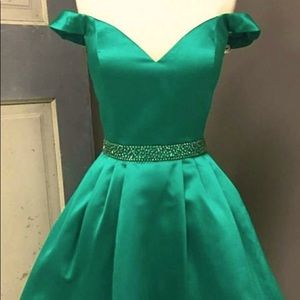 Sherri Hill Green Off the Shoulder Homecoming Dress
